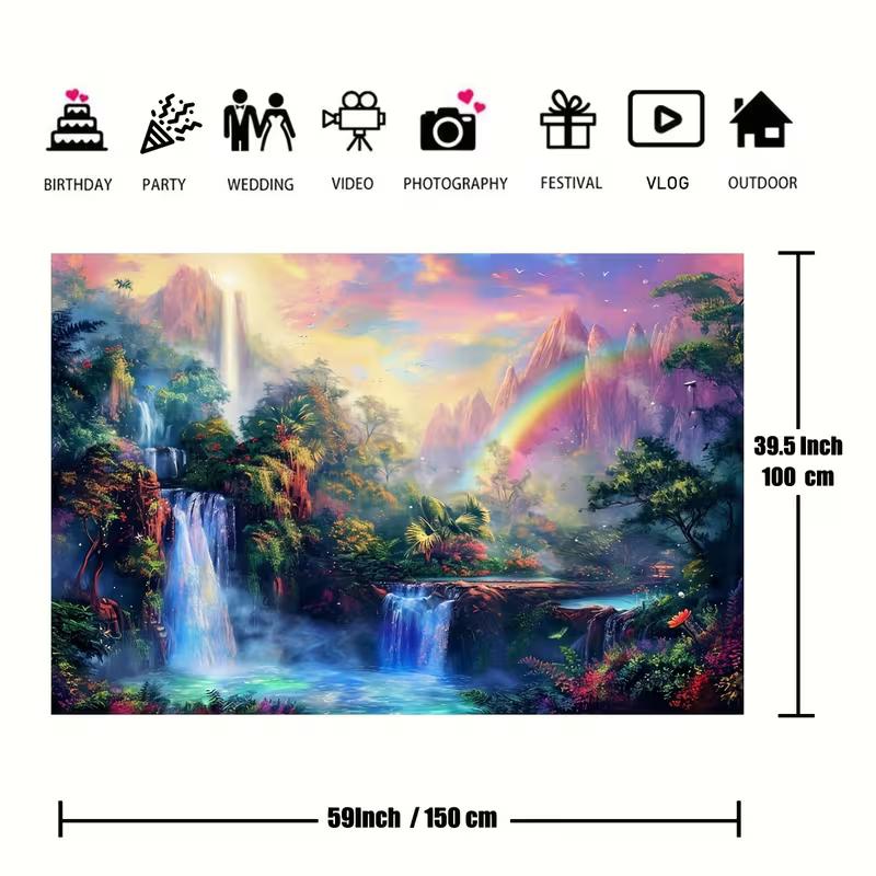 2D Dreamy Forest Waterfall Wall Tapestry Rainbow Sky Background Cloth for Home