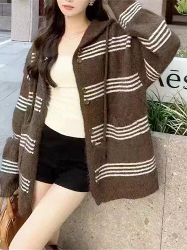 Women's Color Block Striped Knit Cardigan - Korean Style Autumn/Winter Hooded Casual Wear