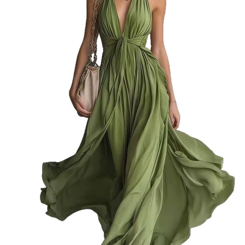 European and American women's new sexy solid color V-neck sleeveless waist dress