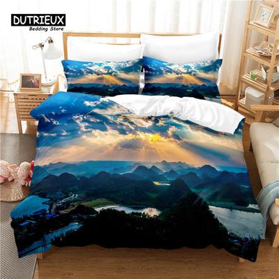 3D Landschaft Bettwäsche-Set, 3-teiliges Bettbezug-Set, Weicher, bequemer, atmungsaktiver Bettbezug, Für Schlafzimmer, Gästezimmer-Dekor