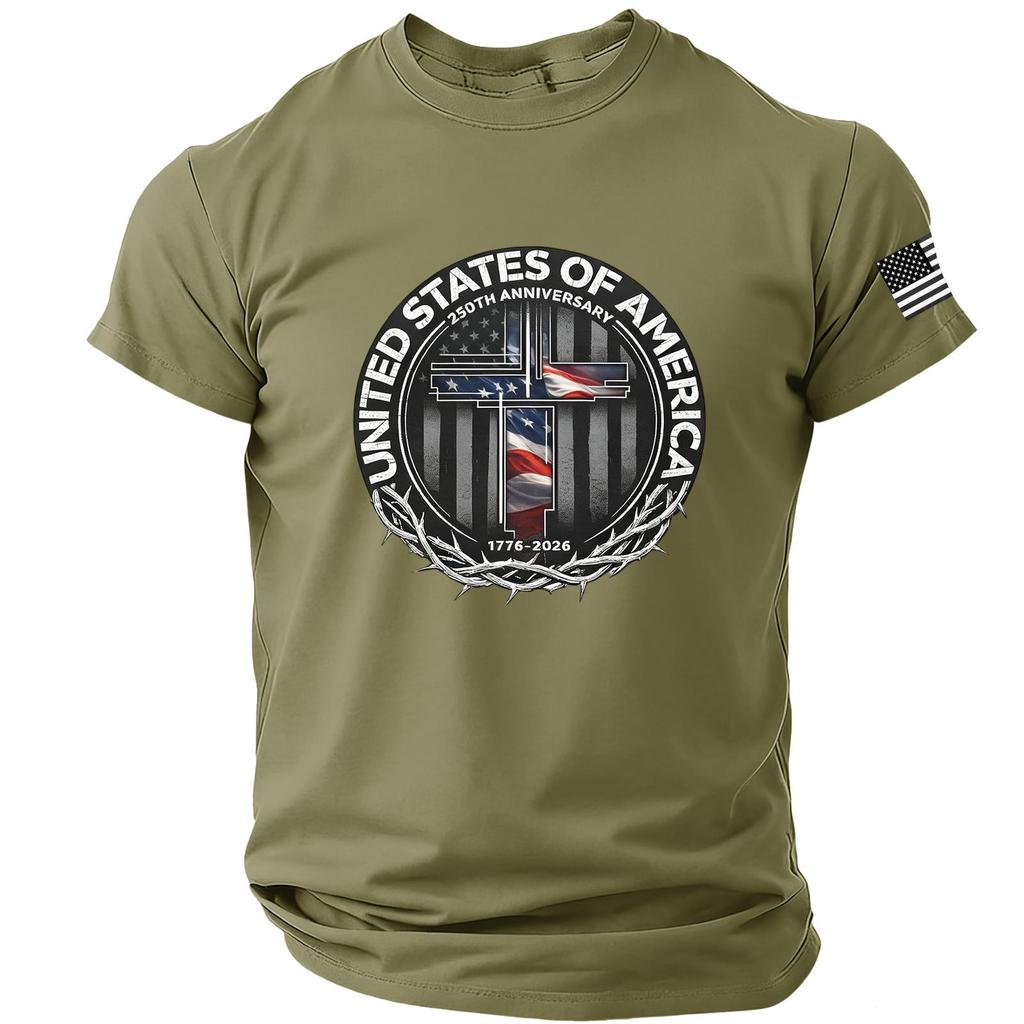 Estados Unidos 250º Aniversário 1776 2026 Camiseta de Manga Curta com Gola Redonda e Estampa de Bandeira para Homens