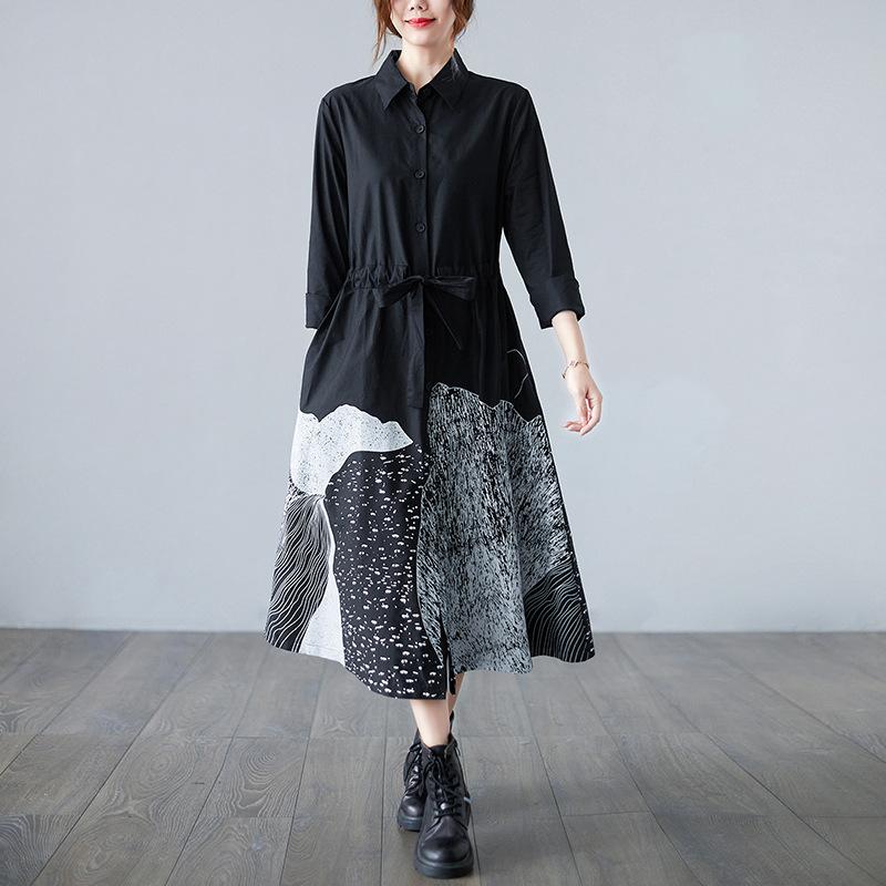 

Весеннее платье с длинными рукавами и принтом, женская длинная юбка-рубашка M чёрный