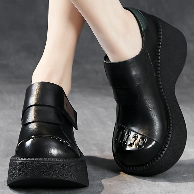 Fashion GKTINOO Retro Flat Platform Women Wedges Shoes Luxury 6cm Platform Shoes Thick Heels Genuine Leather Casual Hook & Loop Pumps