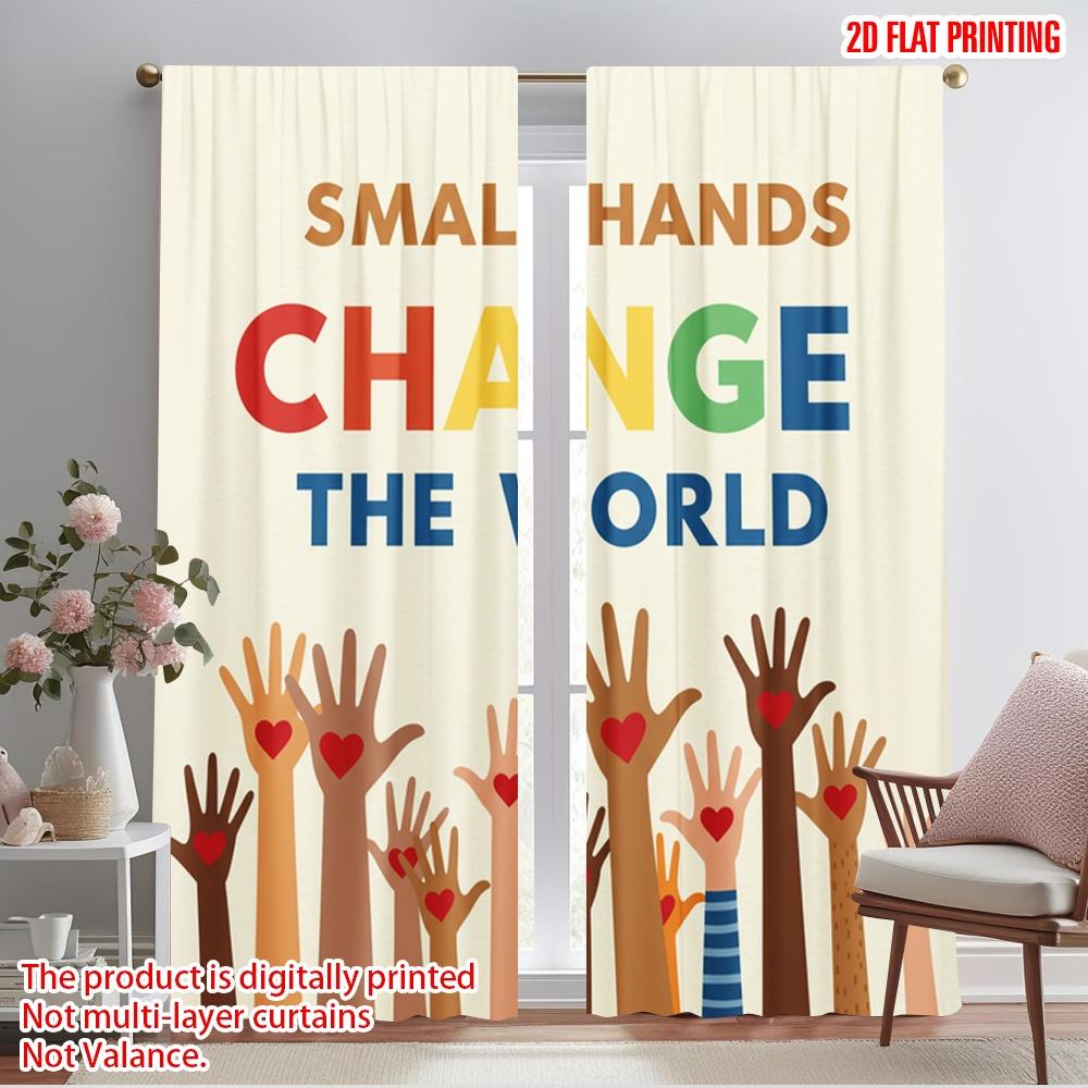 

2pcs 2D flat printing Party Curtains Hands Change World Love Polyester Without Electricity Holiday Decorations Use for Indoor 52.50×116.00 CM 2pcs
