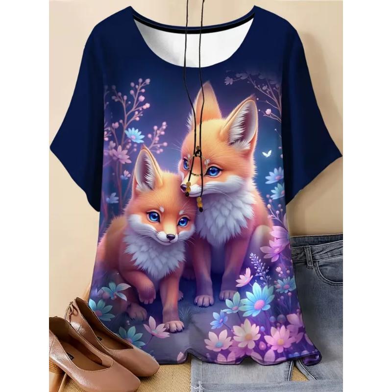 Fashion Women's Crew Neck Short Sleeve 3D Animal Color Printing Animal Short Sleeve Crew Neck T-Shirt