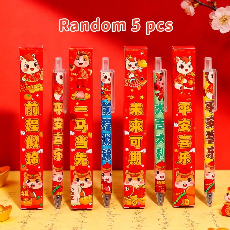 5Pcs Year Creative Pony Blind Box Pens Cute Cartoon 0.5Mm Black Ink Neutral Pens Students Stationery School Supplies Gifts as the picture