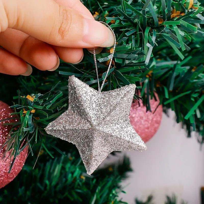 6/30PCS Pentagram Christmas Hanging Pendant Silver Gold Glitter Star Xmas Tree Ornament Festive Wedding Party Home Decoration