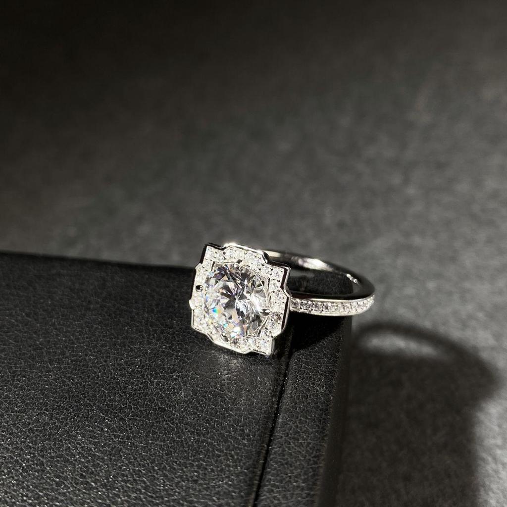 925 Sterling Silver Moissanite Women's Classic Four-Prong Ring, PT950 Plated.