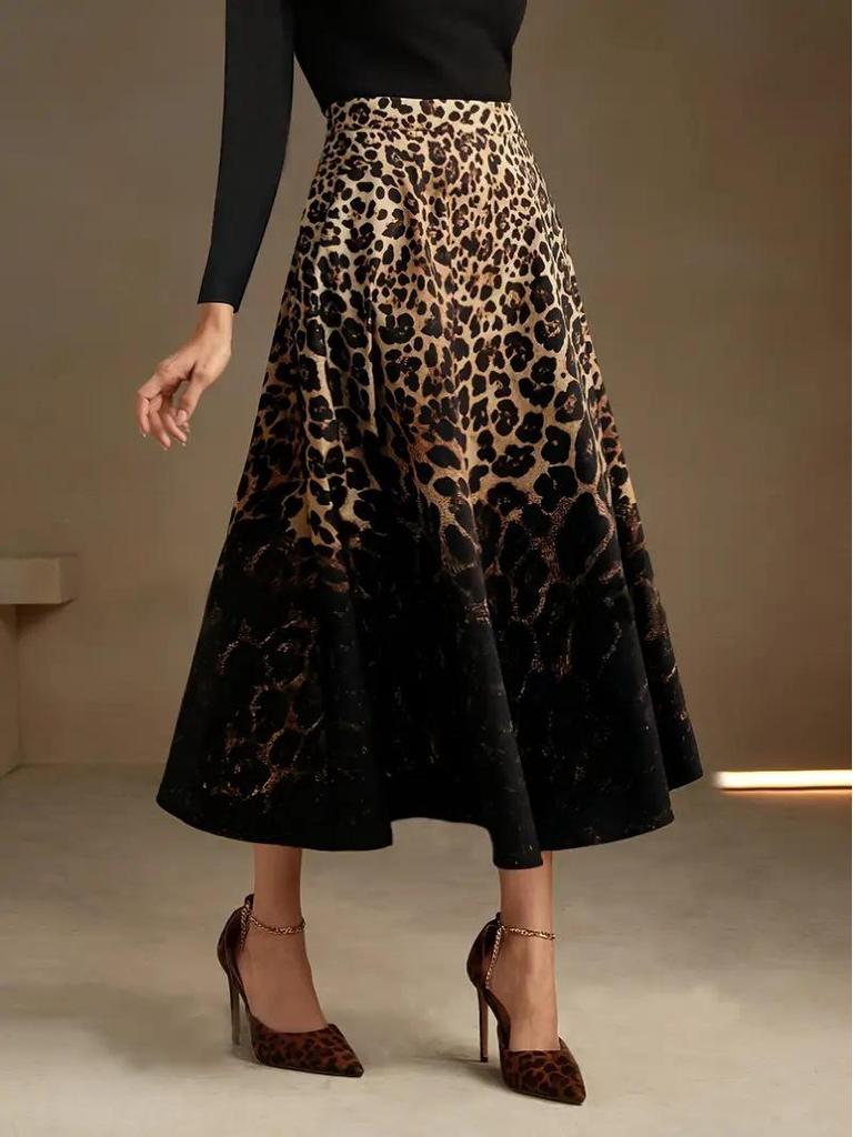 2025 Leopard Print High-Waist A-Line Midi Skirt for Women - Retro, Elegant, Plus Size