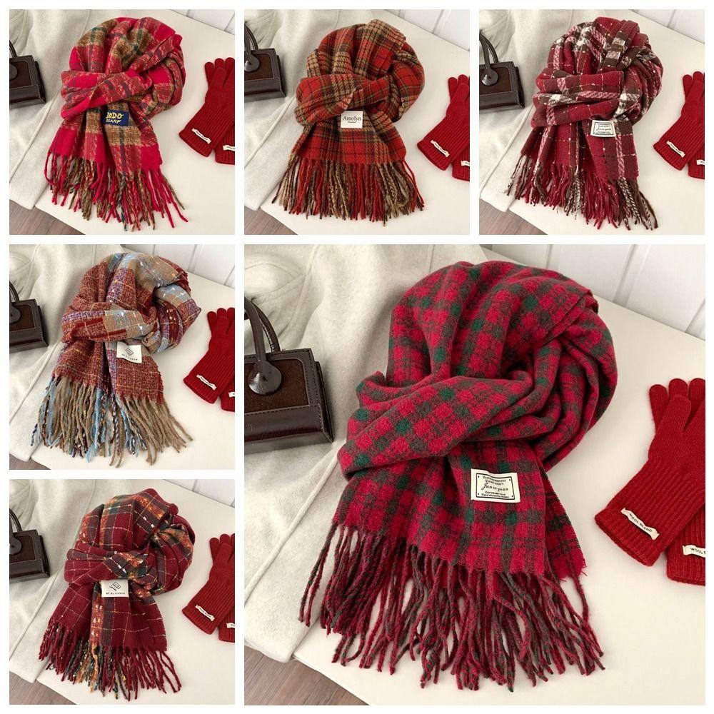 Sweet Winter Knitted Scarves New Year Red Long Shawl Warm Plaid Wool Scarf  Student