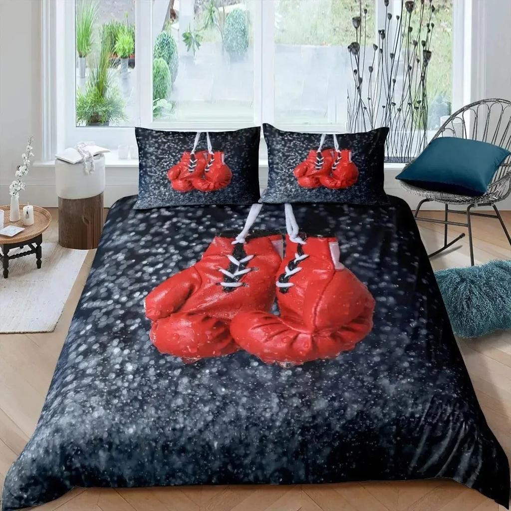 Microfiber Boxing Gloves Athlete Silhouette Queen King Take That Punch Boxing Duvet Cover Sports Games Theme Twin Bedding Set