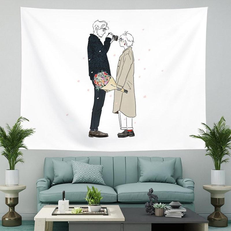 Minimal Line Art Couple Tapestry Wall Hanging Flower Bouquet Pink Petals Romantic Aesthetic Wall Art Bedroom Dorm Decor