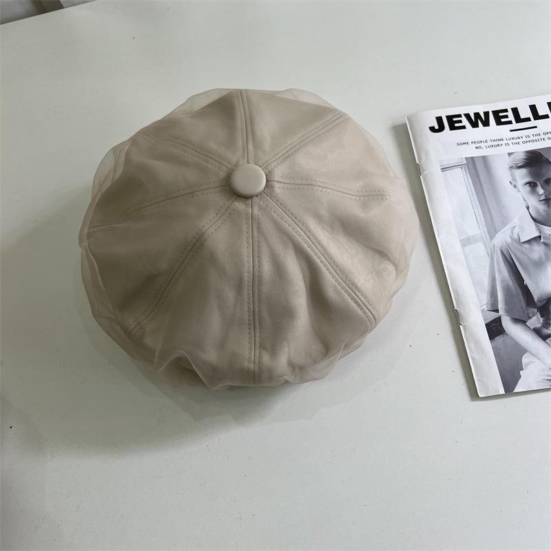 Autumn and Winter New PU Leather Mesh Yarn Brimeless Octagonal Beret Women's Leisure Show Face Small Painter Hat Fashionable