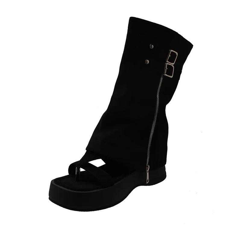 

Модные женские сандалии-ботинки с квадратным носком на платформе, фланецевые туфли с перемычкой для пальца, женские туфли для платья, на молнии, две обуви, римские женские тапочки 40 чёрный