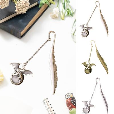 Vintage Metal Bookmark Luminous Feather Design with Creative Flying Dragon Fade-resistant Decorative Bookmark