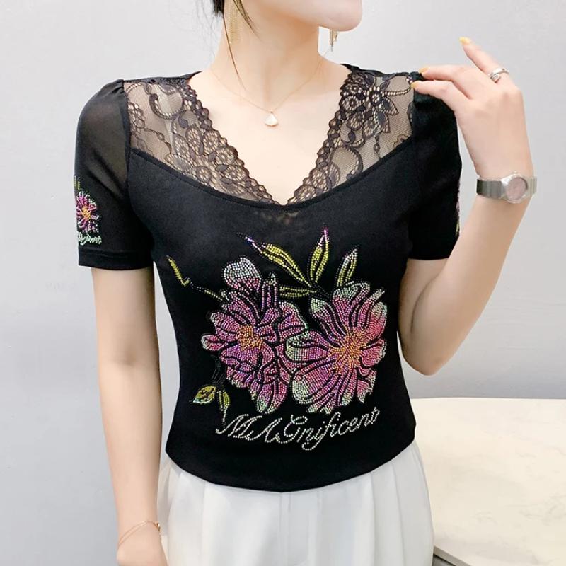 New Korean Sexy Lace V-Neck Designer T-Shirt Luxury Flowers Hot Diamonds Women's Tops Clothes Elegant Short Sleeve Casual Tees