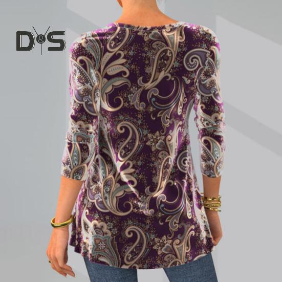 Women Fall Spring Top Vintage Print Round Neck Long Sleeve Button Mid Length A line Soft Pullover Lady Daily Blouse T shirt