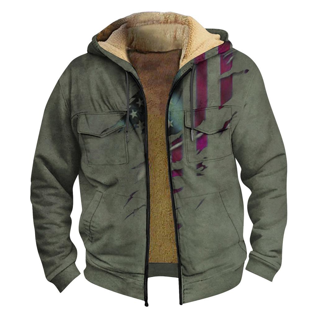 Men'S Winter Zipper Hooded Fleece Sweatshirt With Patch Pocket Casual Jacket