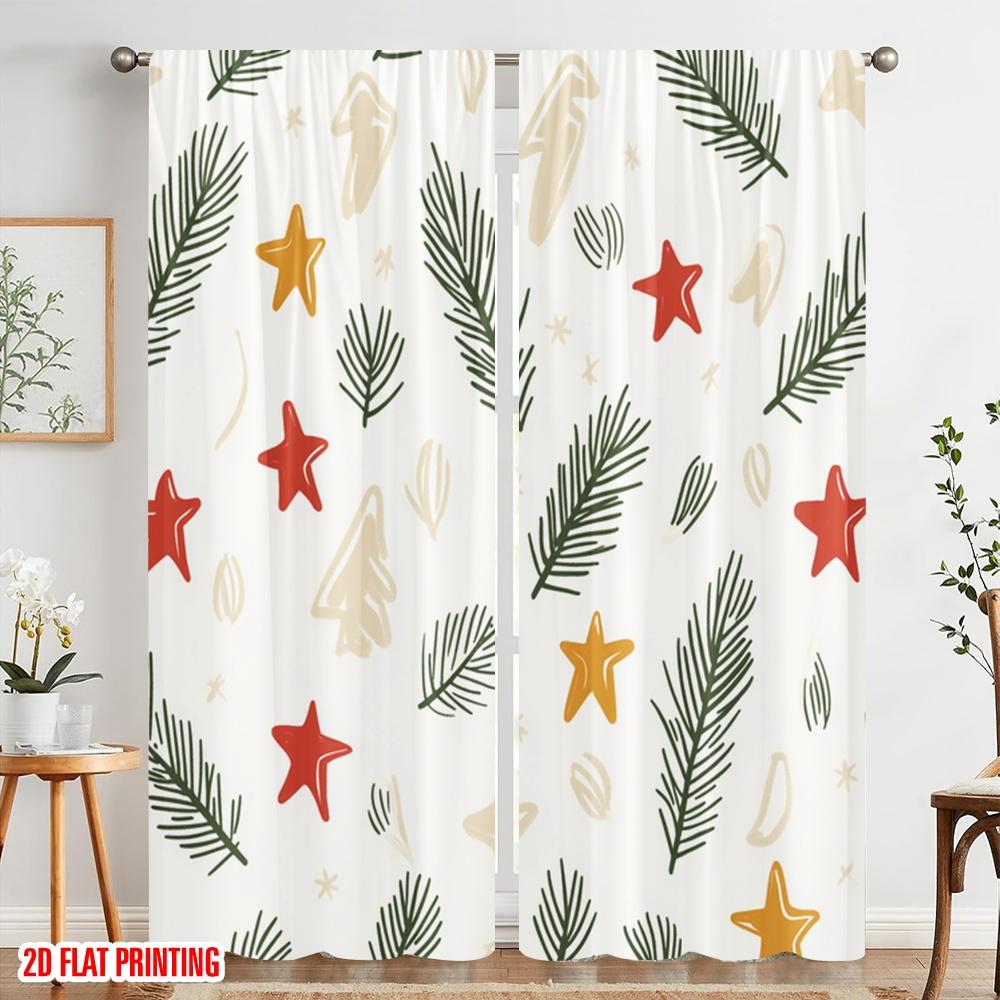 2pcs,2D Plane Printing Popular Curtains Christmas Trees Stars Berries (2) Versatile Fabric (without Rod) Decorations Outdoor