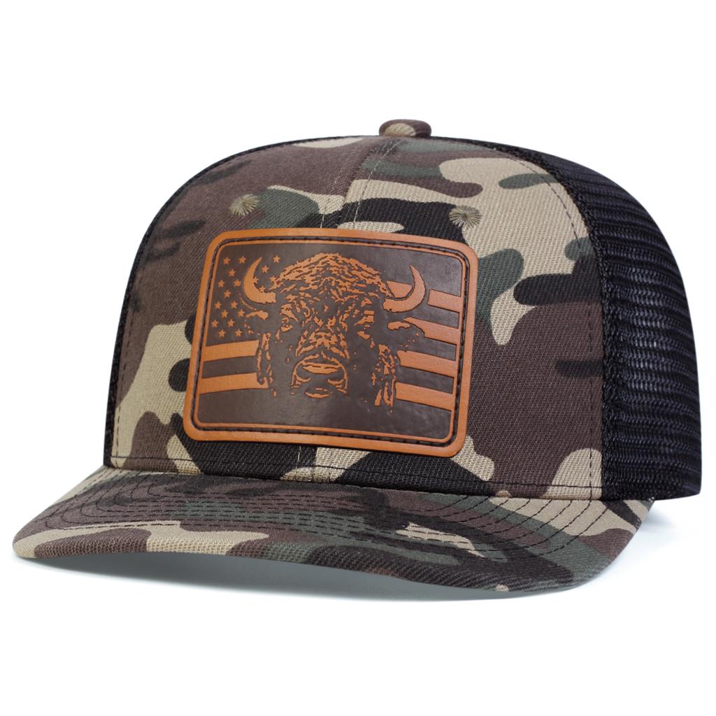Men Brown Flag Bull Head Leather Patch Baseball Mesh Caps Micro Curved Cap Outdoor Sunscreen Leisure Hat Spring Autumn Travel Tourism Beach Vacation