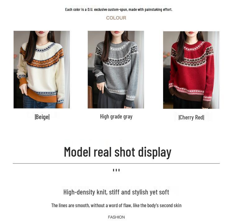 Women's Fair Isle Jacquard Knit Wool Sweater, Retro Round Neck, Long Sleeve, Thickened and Warm Base Layer.