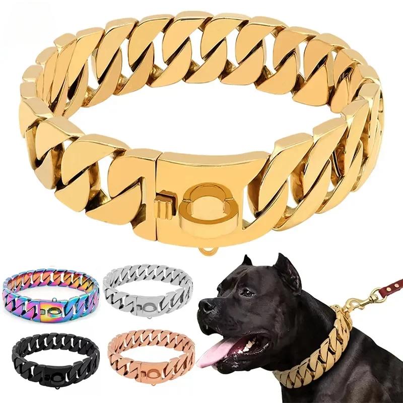 Cadenas de Metal Fuertes para Perros de 32 mm de Ancho Collares Acero Inoxidable Ahogador para Perros Pitbull Collar Dorado para Perros Grandes