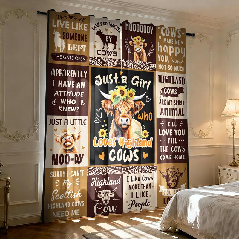 Highland Cow Pattern Curtains 2-Piece Set Pastoral Style Fun Quote Printed Curtains Living Room Bedroom Home Decor Curtains