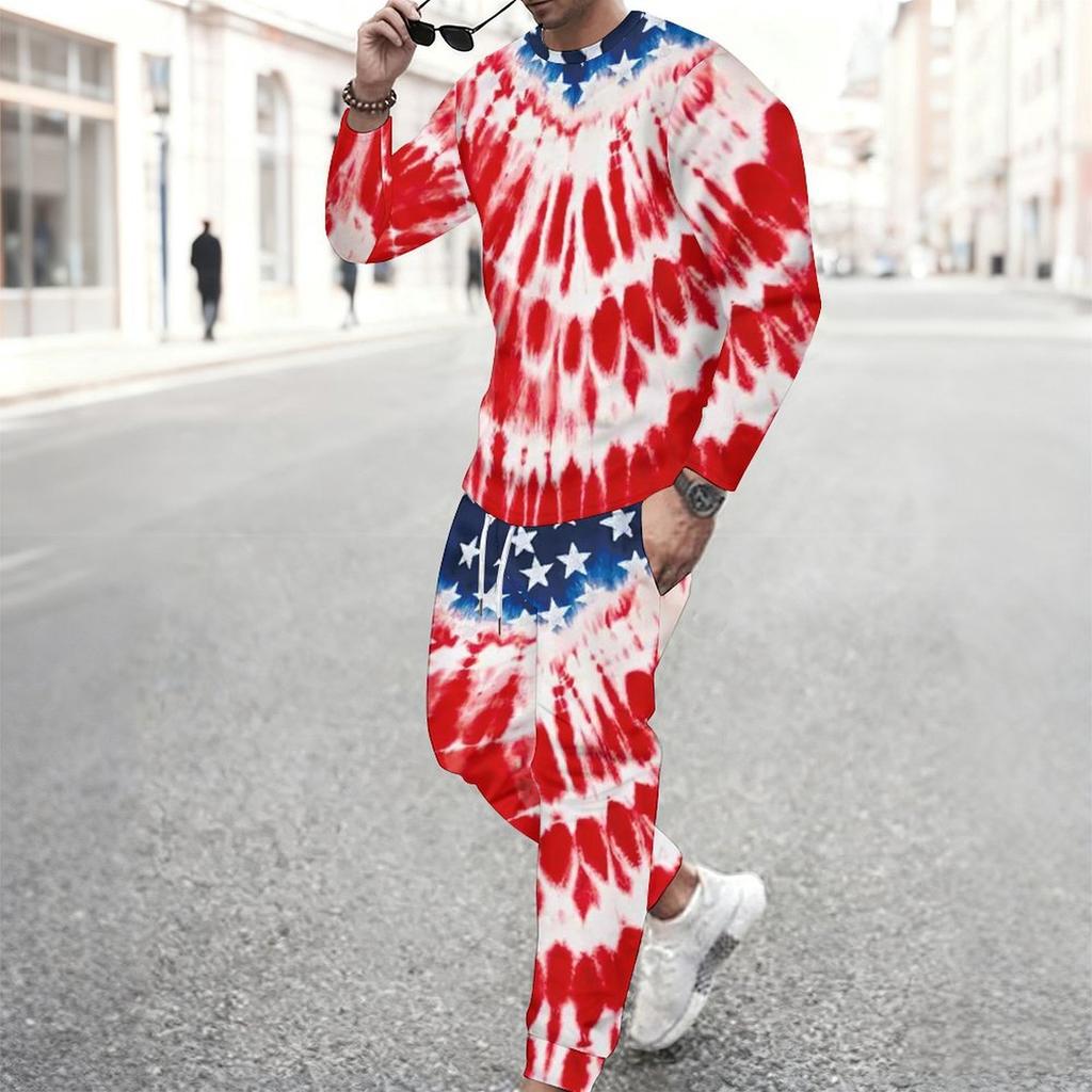 Men Torn Ripped Effect American Flag Star Print Long Sleeve Sweatshirt And Jogger Pants Two Piece Outfit