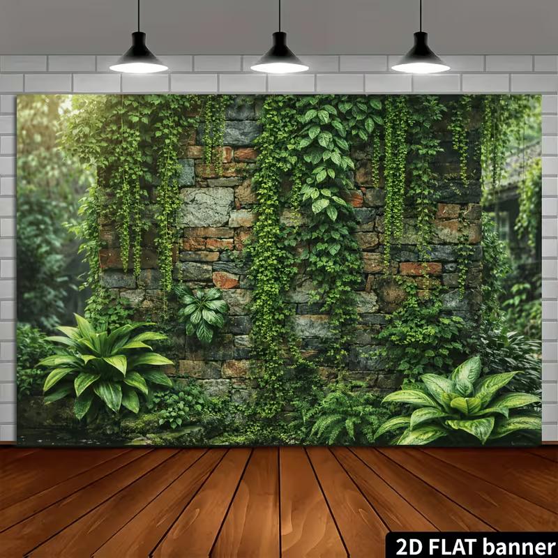 2D Vintage Garden Banner with Hanging Vines and Ferns Photo Booth Background Cloth
