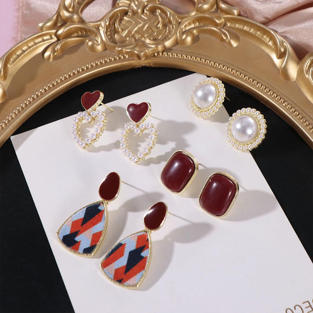 Retro Pearl Ear Studs Elegant Baroque Stud Earrings Wine Red Geometric Earring  Girl