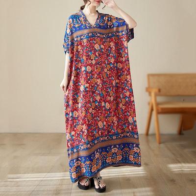 Short Sleeve Plus Size Cotton Satin Vintage Floral New In Dresses for Women Casual Loose Maxi Long Summer Dress
