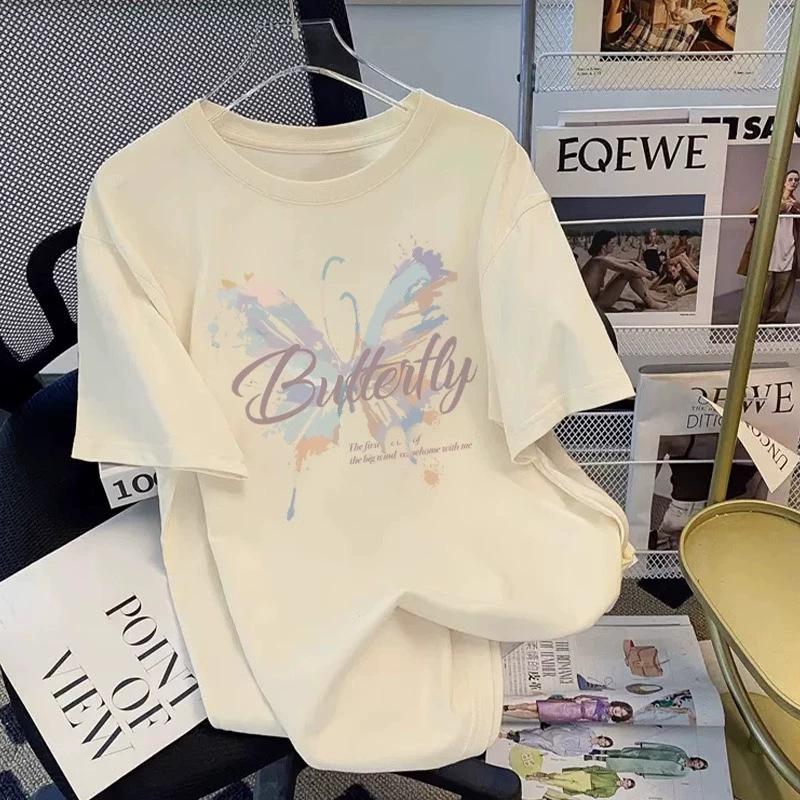Butterfly Printed Cotton Short-sleeved T-shirt Women's Summer New Design Sense Fashionable Versatile Large-size Half-sleeved Top
