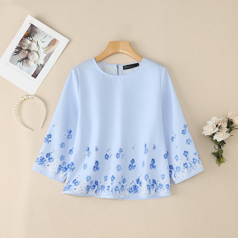 

ZANZEA Женская повседневная блузка с круглым вырезом и рукавом 3/4 с цветочным принтом 4XL синий