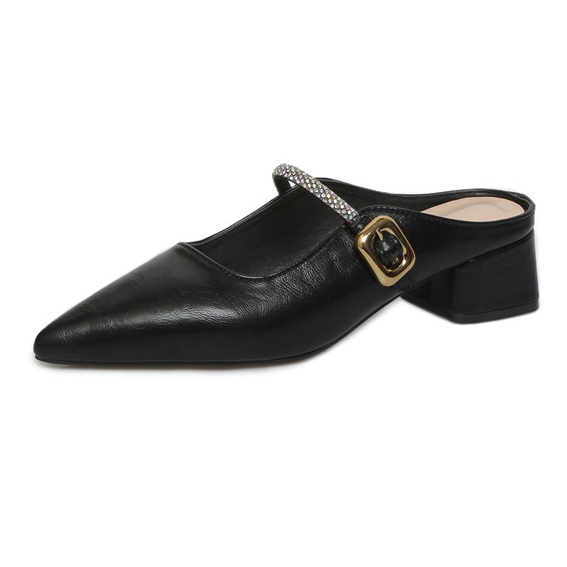 

Модные летние шлепанцы на массивной подошве 2025 для женщин, модные остроносые сандалии с мелким вырезом, с пайетками и металлической пряжкой, фиксирующие стопу, противоскользящие, износостойкие 42 чёрный