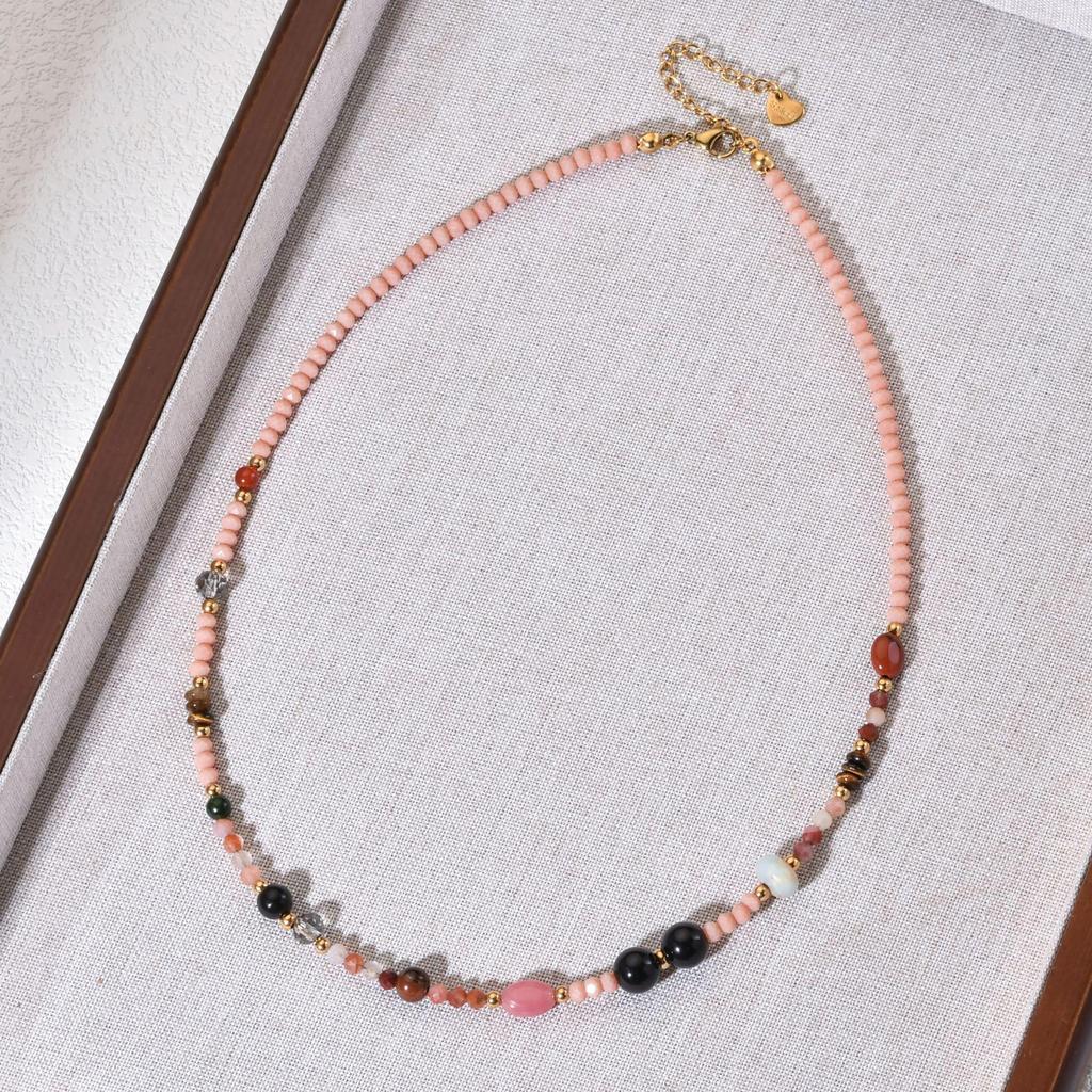 Women's Luxurious Pink Crystal Beads & Natural Stone Clavicle Necklace