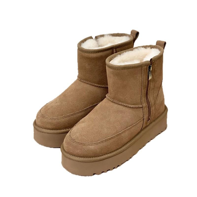 Sangpo Snow Boots Thick-soled Winter New Sheepskin Fur Integrated Side Zipper Short Tube Leather Wool Thermal Cotton Shoes Women