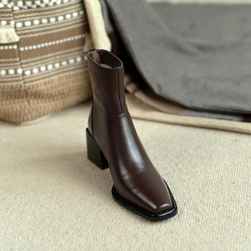 Krazing Pot Jarní zimní boty z hovězí kůže Silné vysoké podpatky Chelsea Boots Dámské kotníkové boty na zip