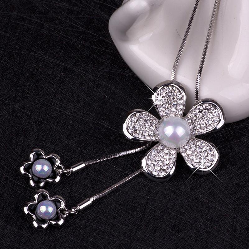 Korean Long Feminine Necklace With Eyecatching Flower And Pearl Pendant Design