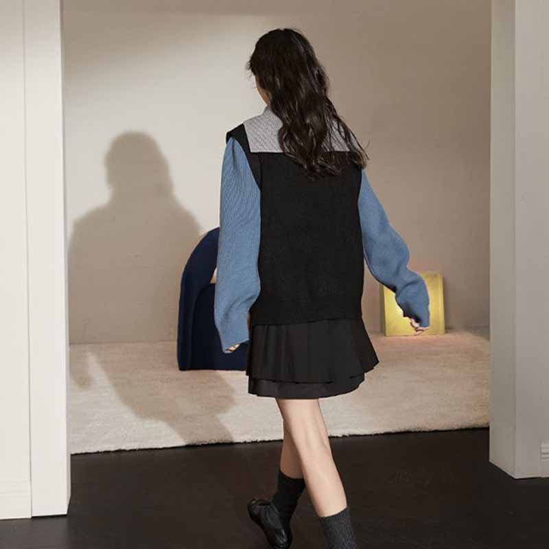 Navy Neck Half Zip Fake Two-piece Color Matching Pullover Women's Autumn and Winter Sweater