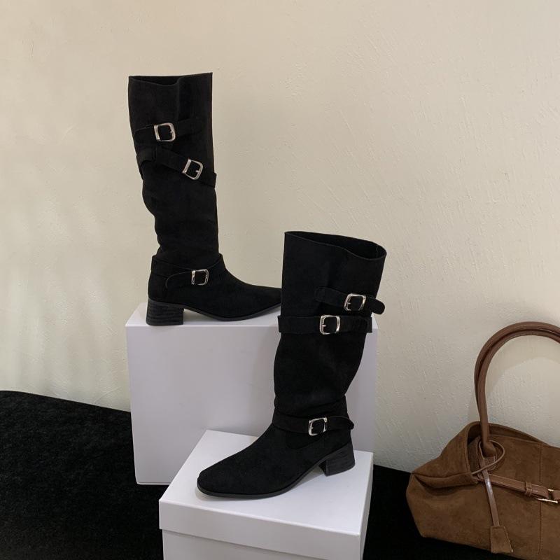 Thick heel retro suede long tube knight boots women's shoes 2025 new autumn design sense two wear thin medium tube boots