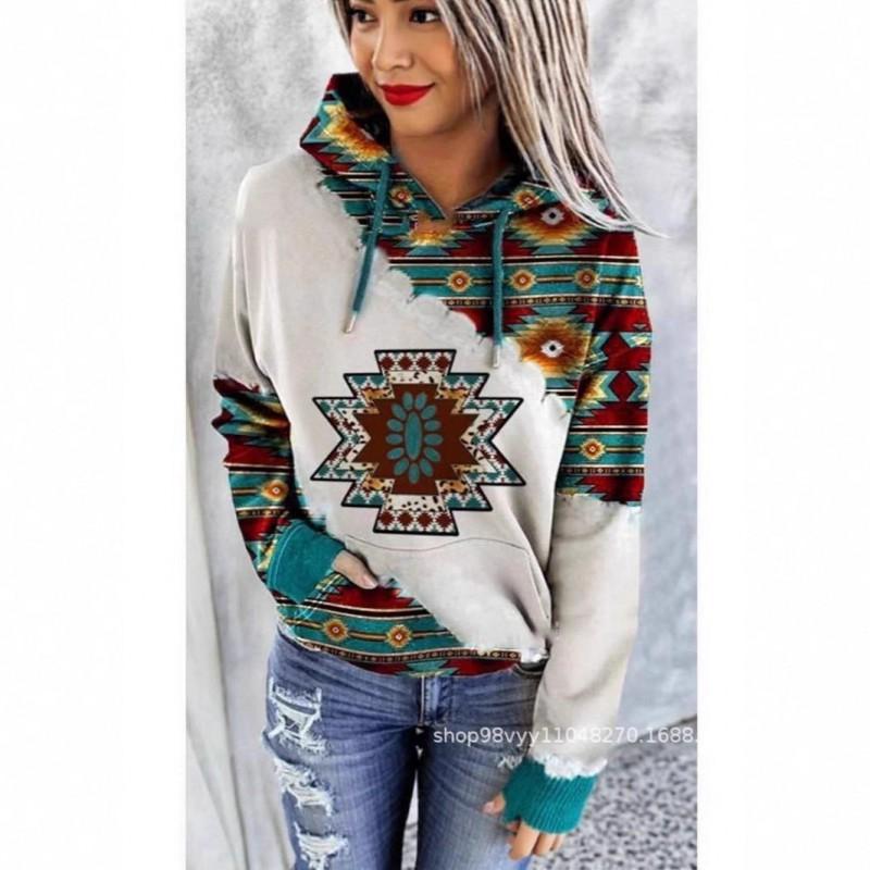 Womens Winter Hooded Sweatshirt Ethnic Print Loose Fit Long Sleeve Pullover Casual Oversized Top
