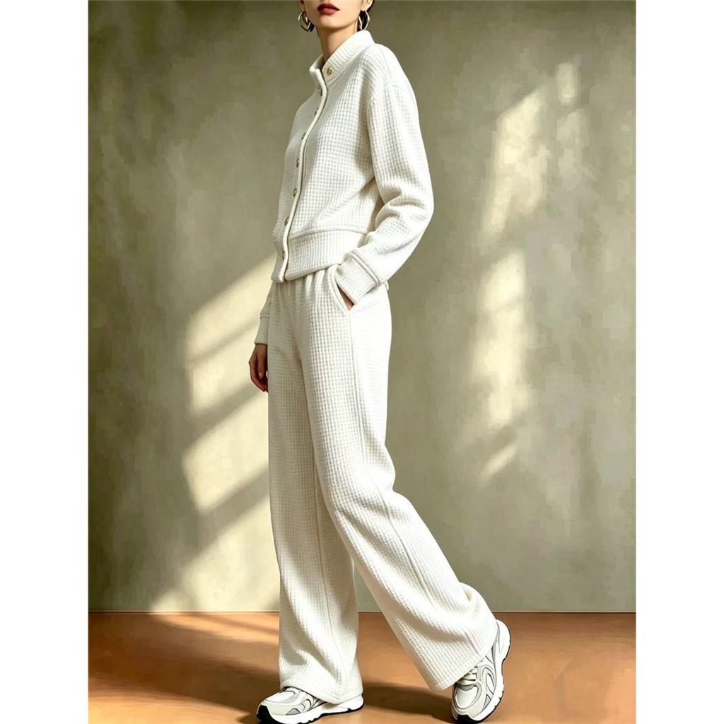 Women 2 Piece Outfit Waffle Knit Set Stand Collar Button Cardigan Wide Leg Pants Casual Loungewear Tracksuit