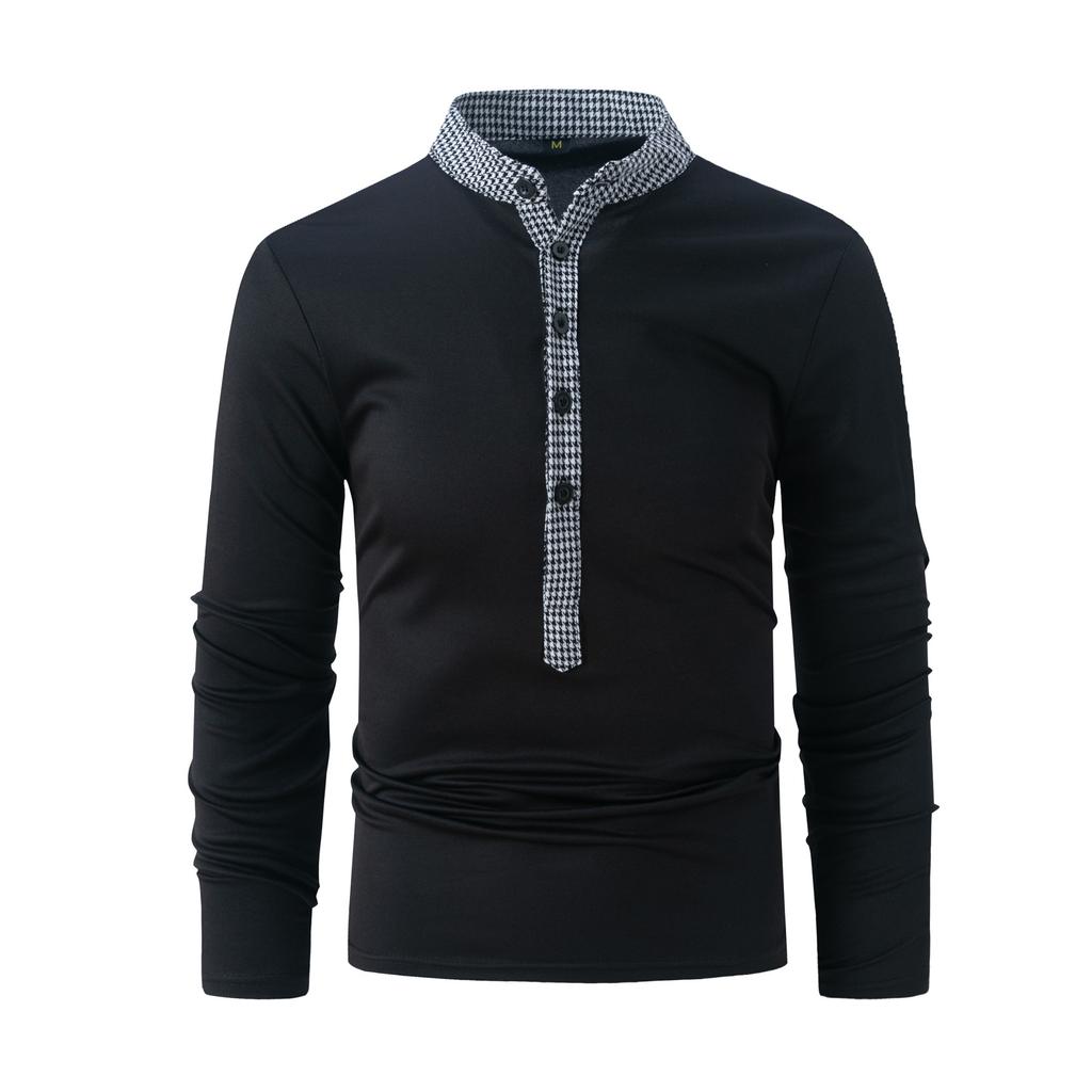 Men's Polo Shirt Long Sleeve Plaid Stand Neck T-shirt Spring Autumn Casual Fit Top Men