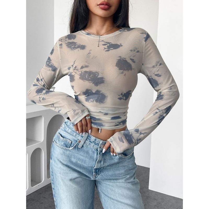 women s Mesh Floral Print Ruched Crop Top Long Sleeve Slim Fit Blouse S