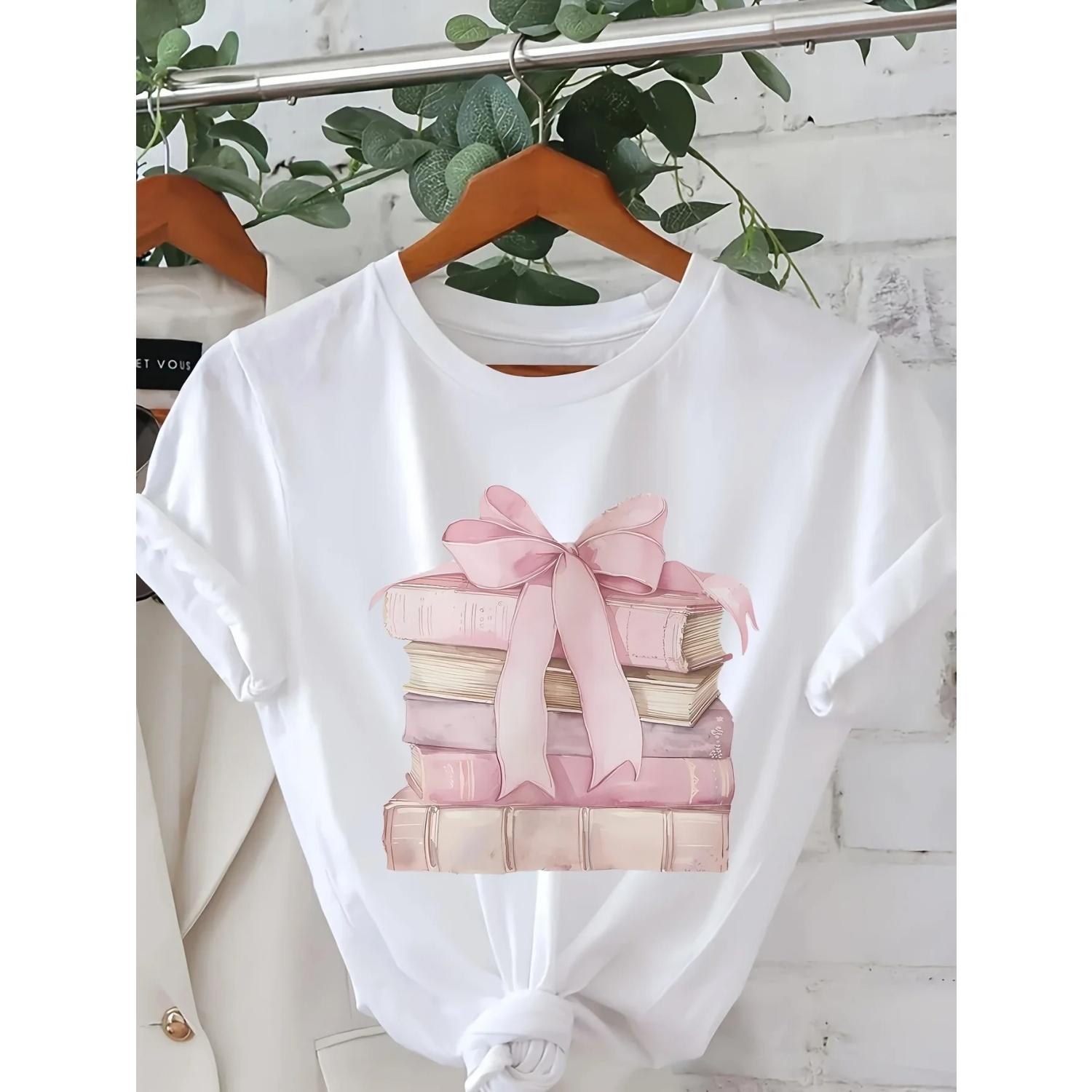 Book Stack & Bow Graphic Print Women s Pink Short Sleeve T-Shirt Stylish Soft Crew Neck Casual Summer Top Women Clothing S