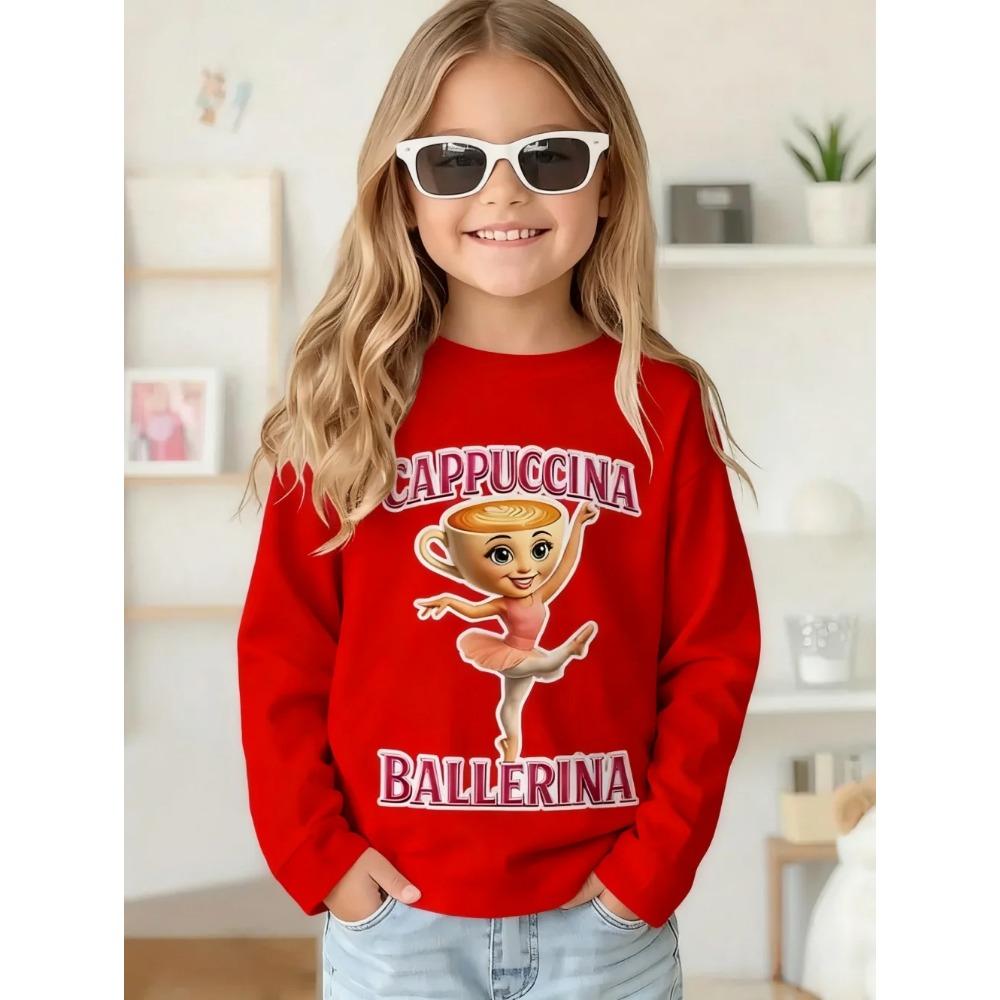 Spring and Autumn Round Neck 3D Cappuccina Ballerina Printed Top Fashionable Casual Long Sleeved Children's Girl T-shirts