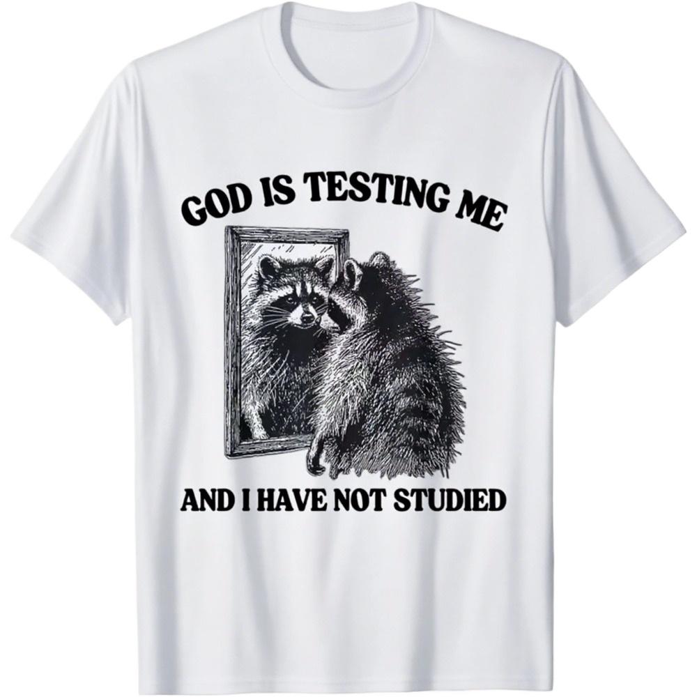 

God Is Testing Me & I Have Not Studied Raccoon Haikyuu Women Clothing Short Sleeve Round Neck Printing Breathable Casual Top 4XL
