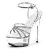 Thin heel sandals women's summer 2025 new waterproof table one-word buckle rhinestone open-toed fish mouth high heels silver