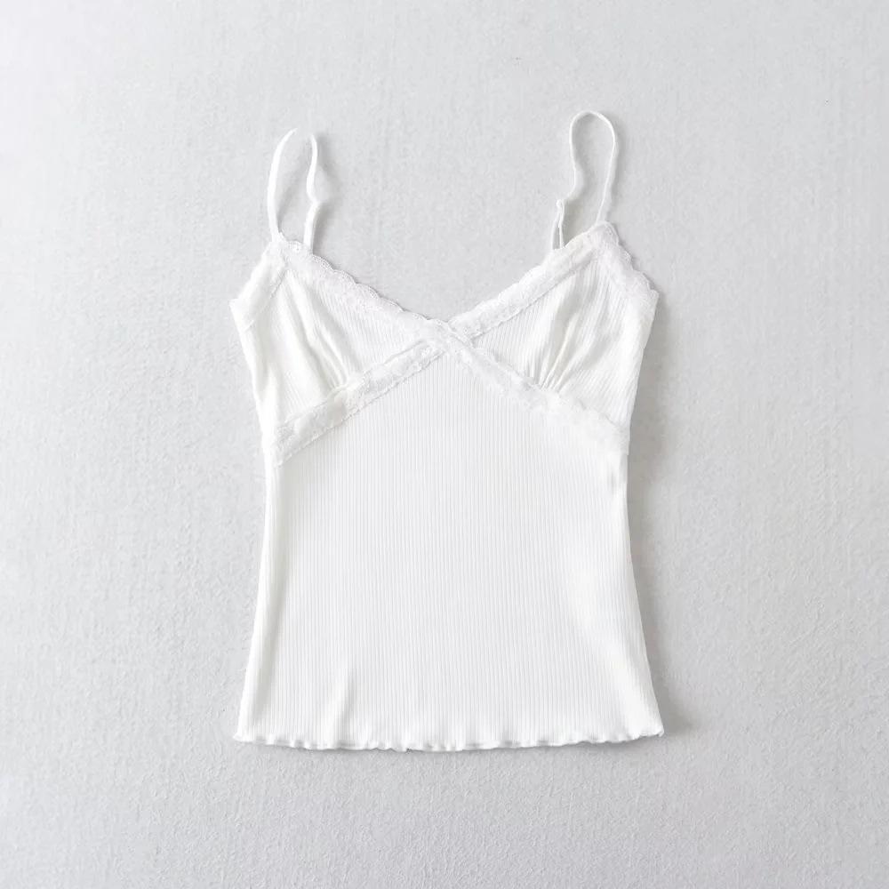 Summer 2023 Lace Trim V-Neck Stretchy Bodycon Camisole Tank Top for Women