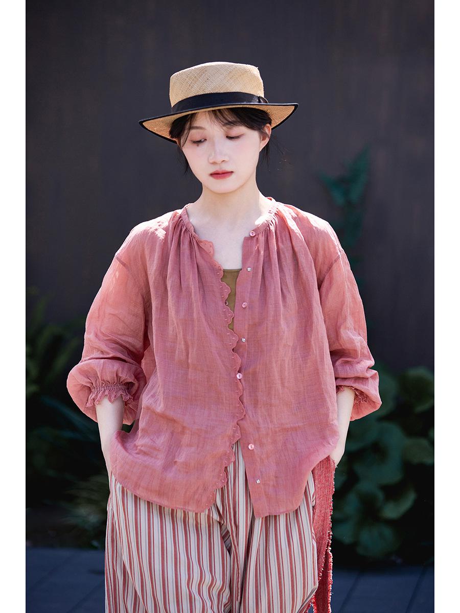 

Women s Rose Pink Ramie Lightweight Stand Collar Sun Protection Shirt Medium роза розовый